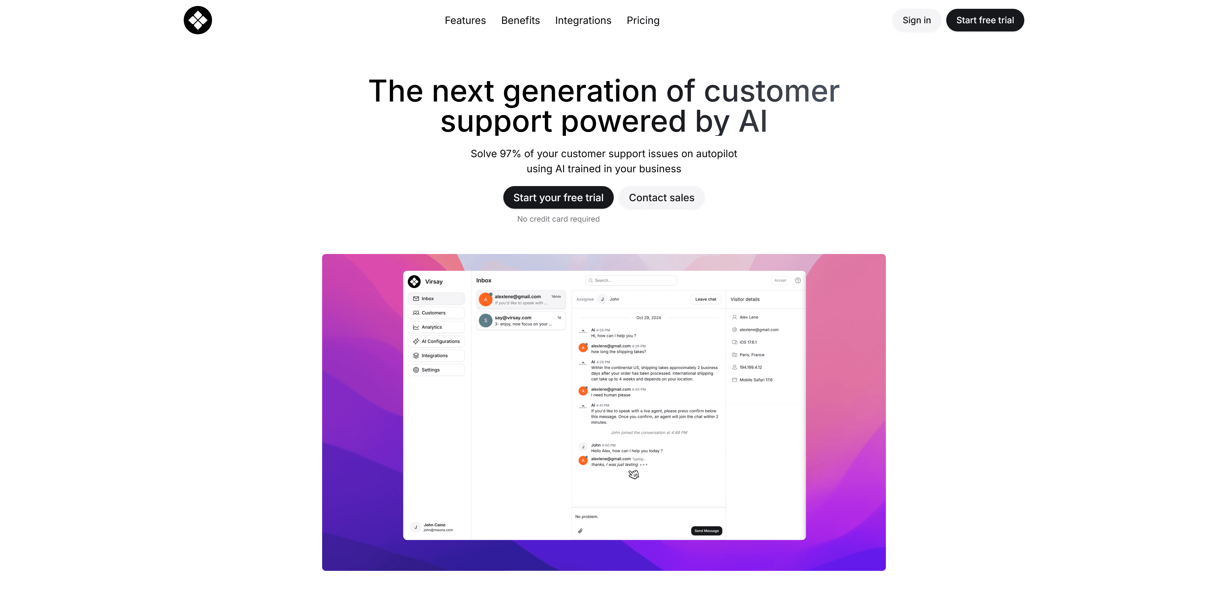 Virsay AI Live Chat B2B SaaS